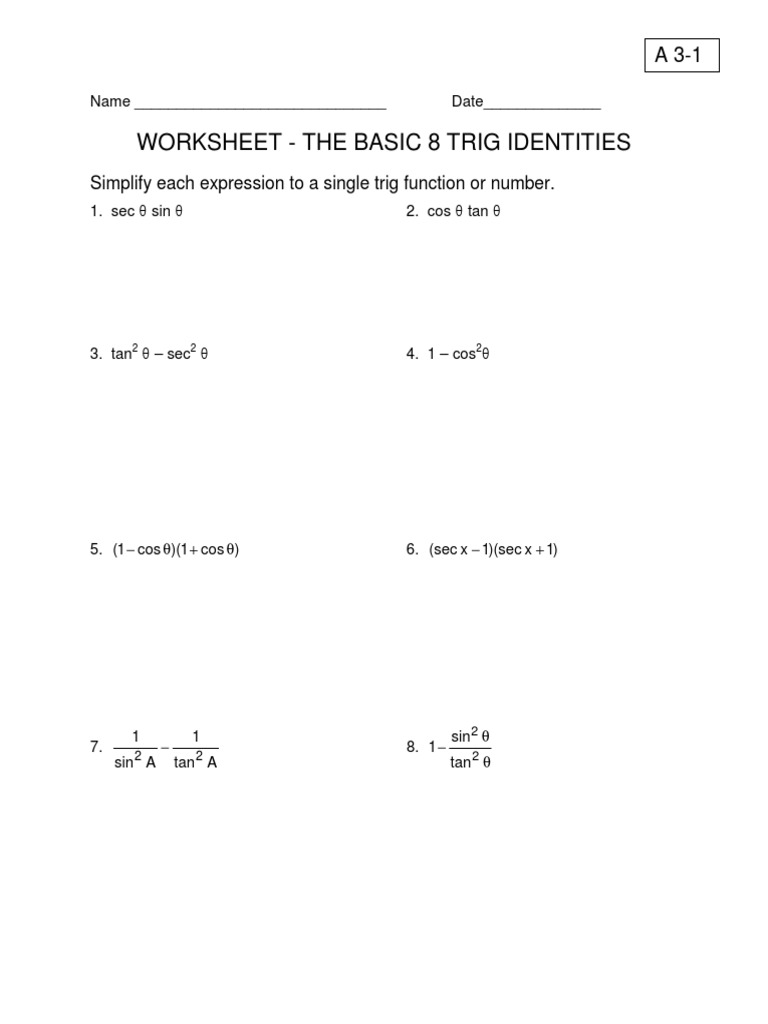 Microsoft Word A 3 1 Basic 8 Trig Identities Sine Trigonometric Functions