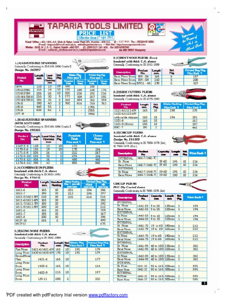 Taparia New Price List 04-12 | PDF