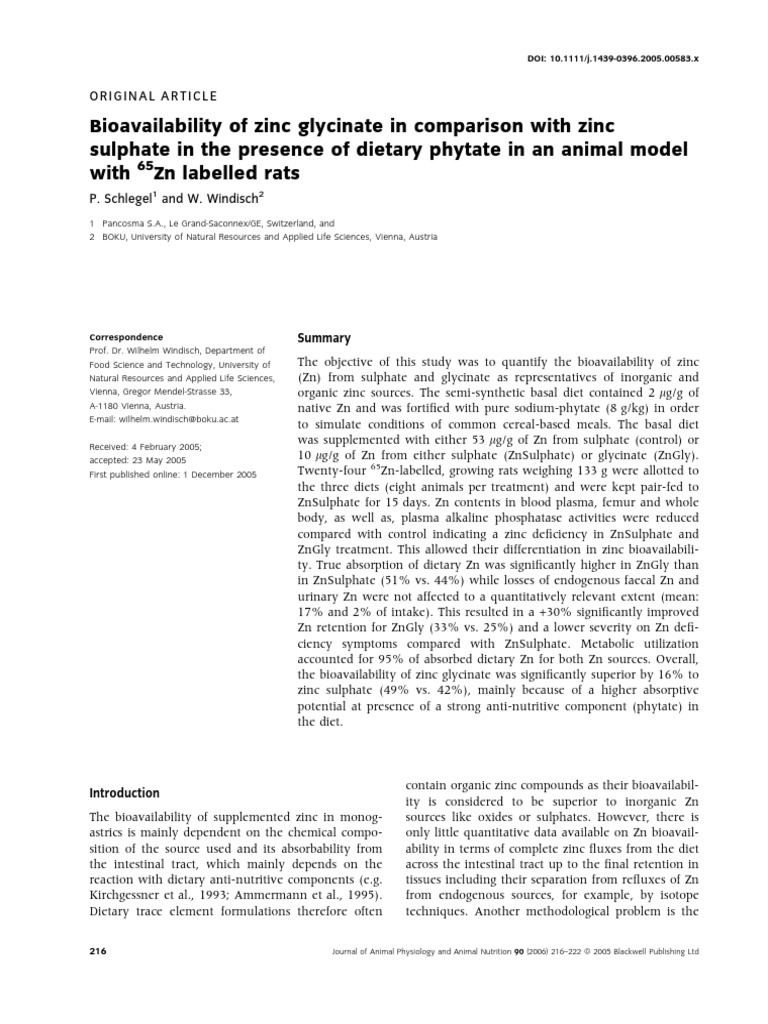 Bioavailability of Zinc Glycinate in Comparison With Zinc Sulphate PDF PDF Zinc