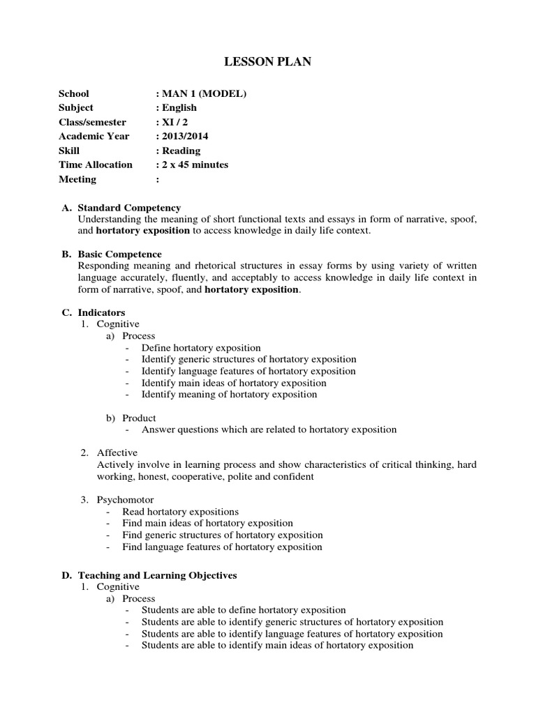 Lesson Plan Reading Hortatory Exposition Advertising Lesson Plan