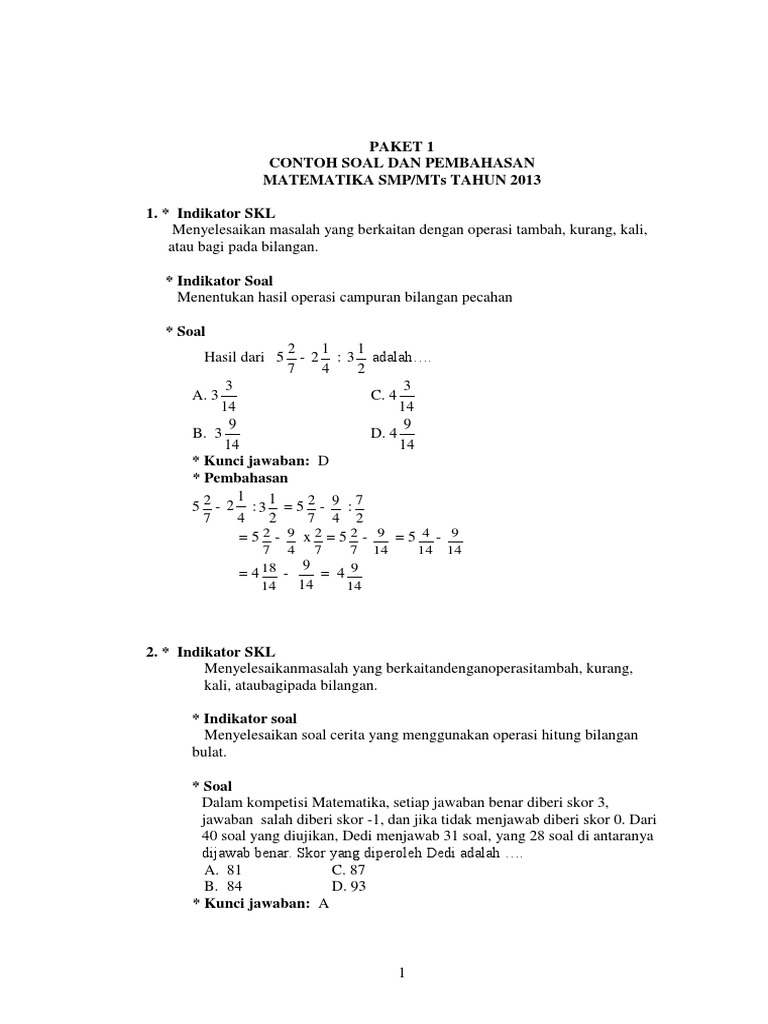 Soal Pengayaan Un Smp 2014 Matematika