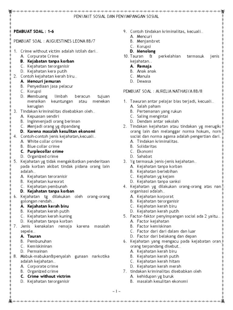Soal Latihan Ips Kelas 8b Penyakit Sosial Dan Penyimpangan Sosial