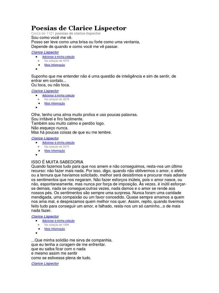 Poesias de Clarice Lispector | Download grátis PDF | Amor | Felicidade