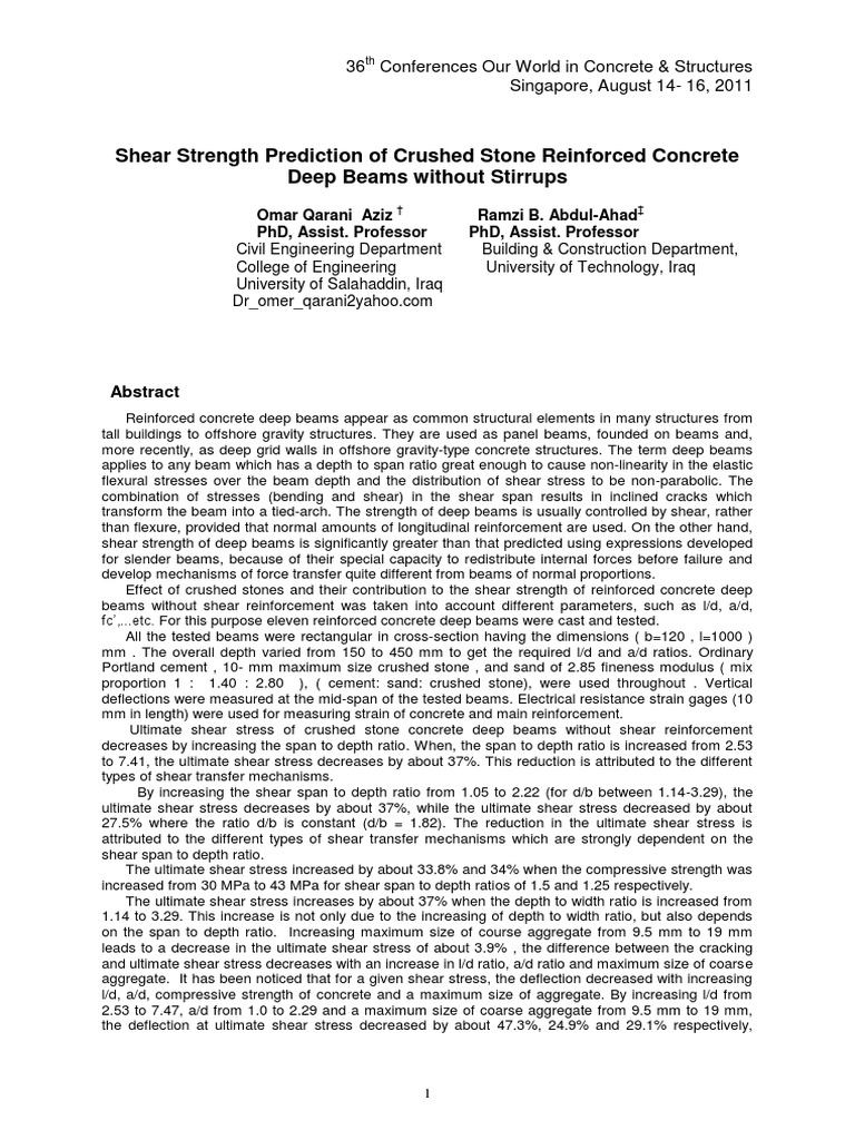 Shear Strength Prediction of Crushed Stone Reinforced Concrete Deep ...