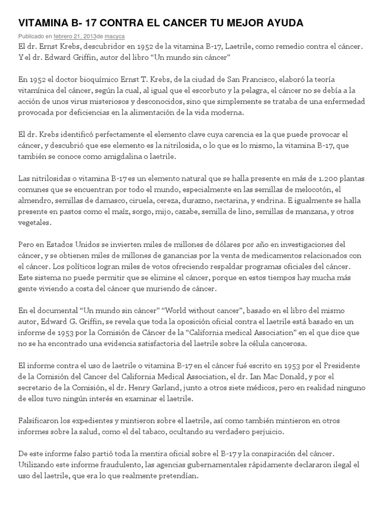 Cancer Por Falta De Vitamina B17 Vitamina B17 Cancer Vitamina