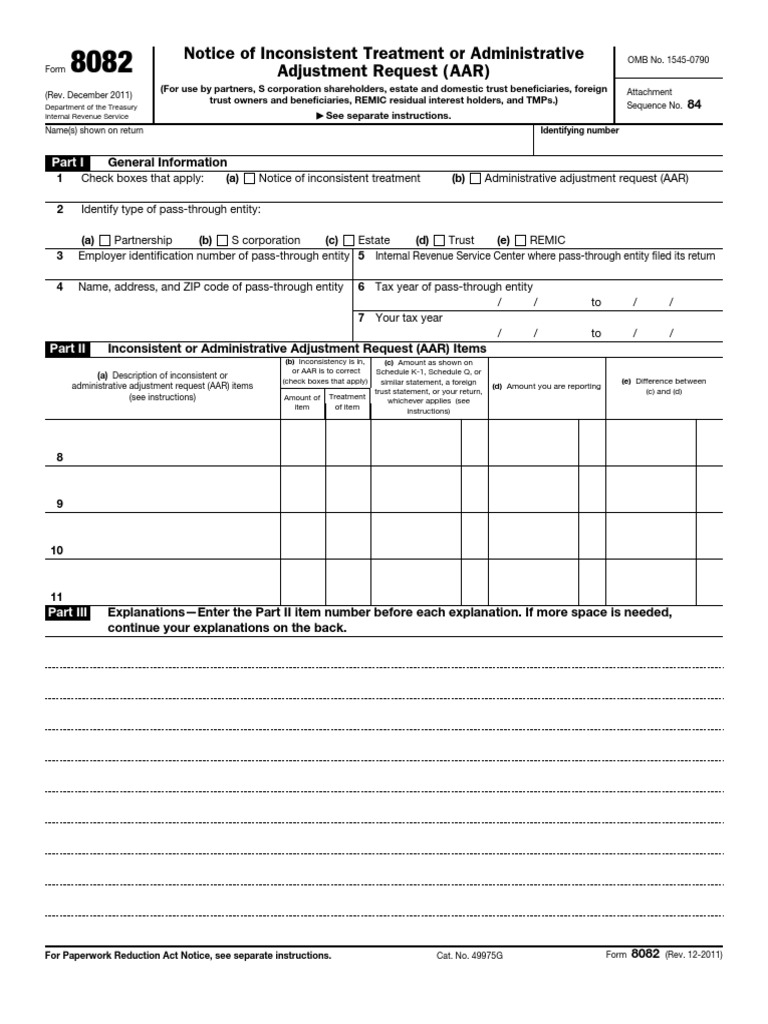 IRS Form 8082: AAR & Inconsistent Treatment | PDF | Finance & Money ...
