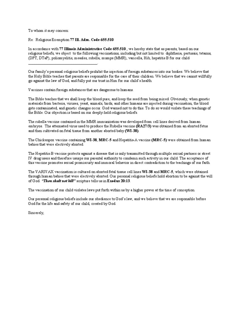 Illinois Religious Exemption Letter Pdf Vaccines Children S Health