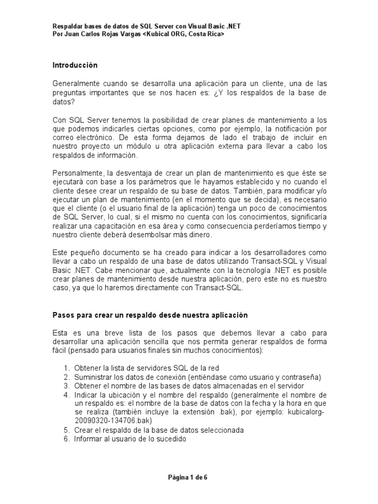 Respaldar Bases de Datos de SQL Server Con Visual Basic NET | PDF ...