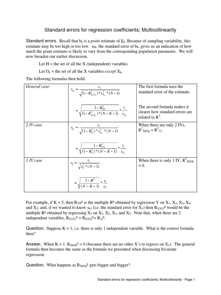 Standard errors for regression coefficients; Multicollinearity Multicollinearity Errors And