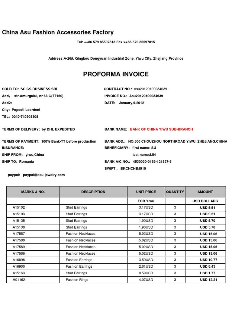 Proforma Invoice: China Asu Fashion Accessories Factory | PDF | United ...
