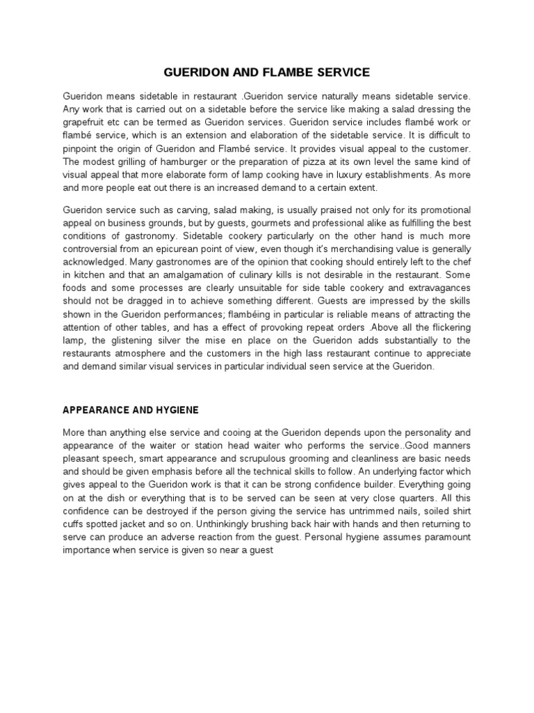 Gueridon and Flambé Service Overview | PDF | Restaurants | Tableware