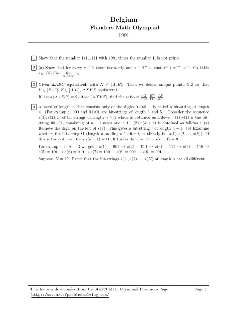 Belgium Math Olympiad Problems 1991 | PDF | Arithmetic | Mathematical ...