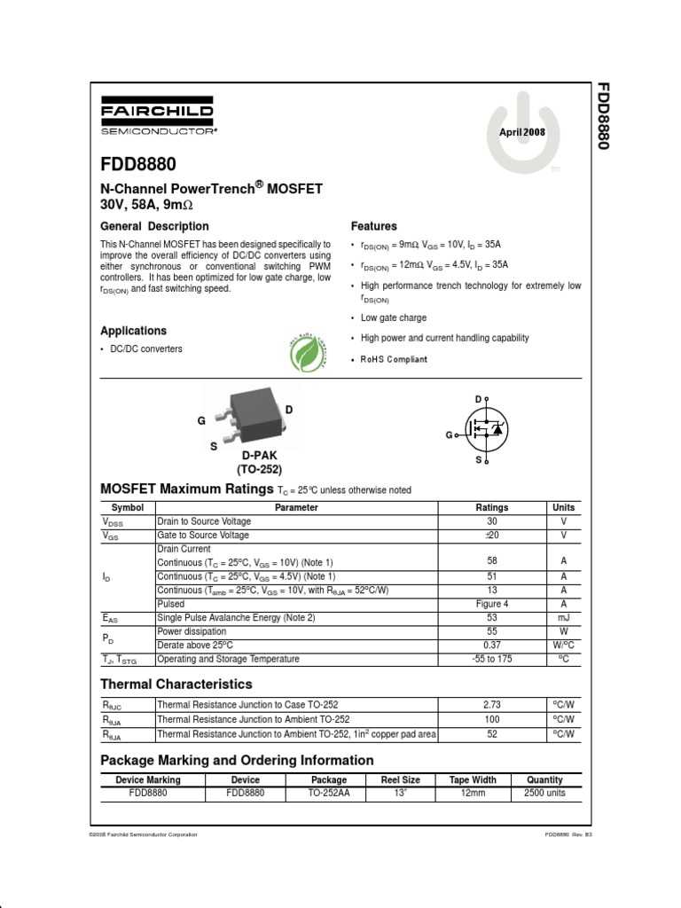 FDD8880 datasheet | Field Effect Transistor | Mosfet
