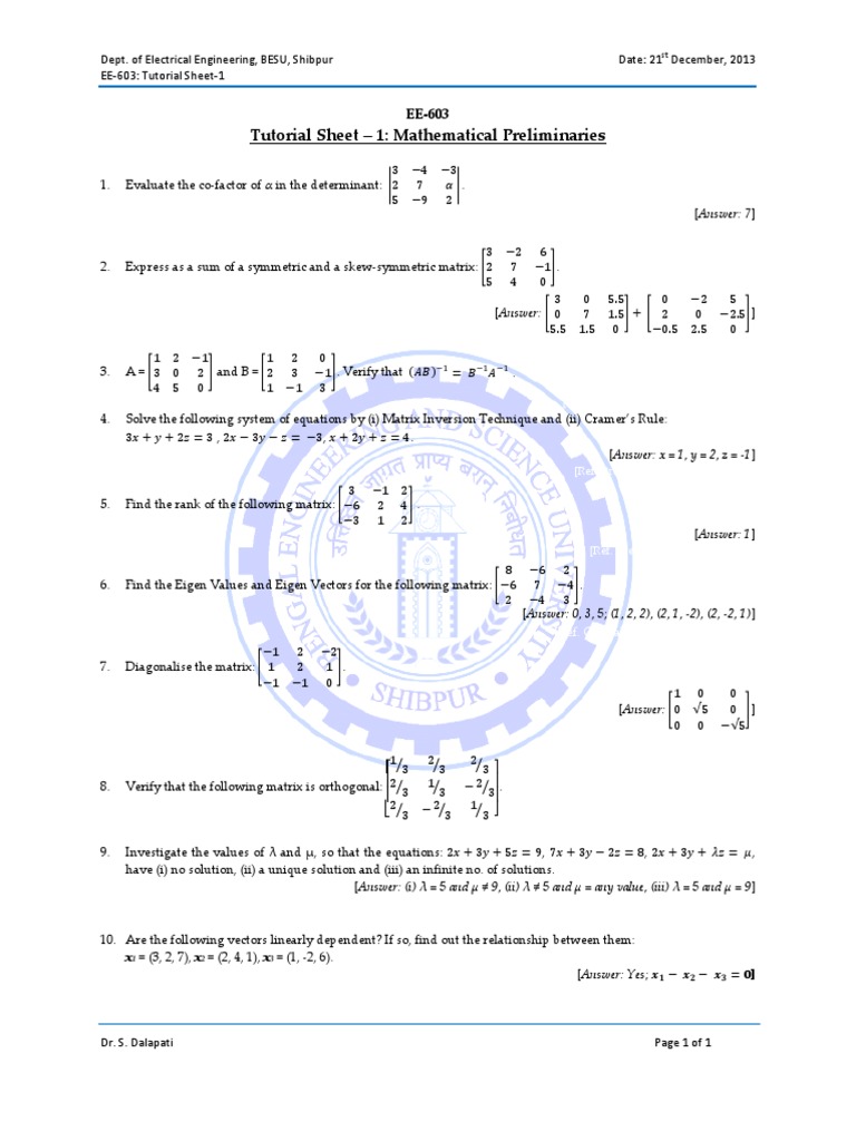 EE-603: Math Preliminaries Tutorial | PDF