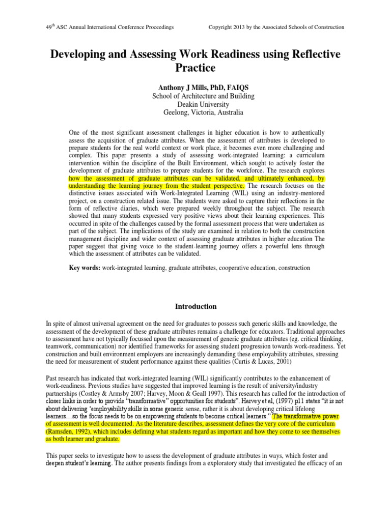 Assessing Work Readiness Using Reflective Practice Pdf Reflective