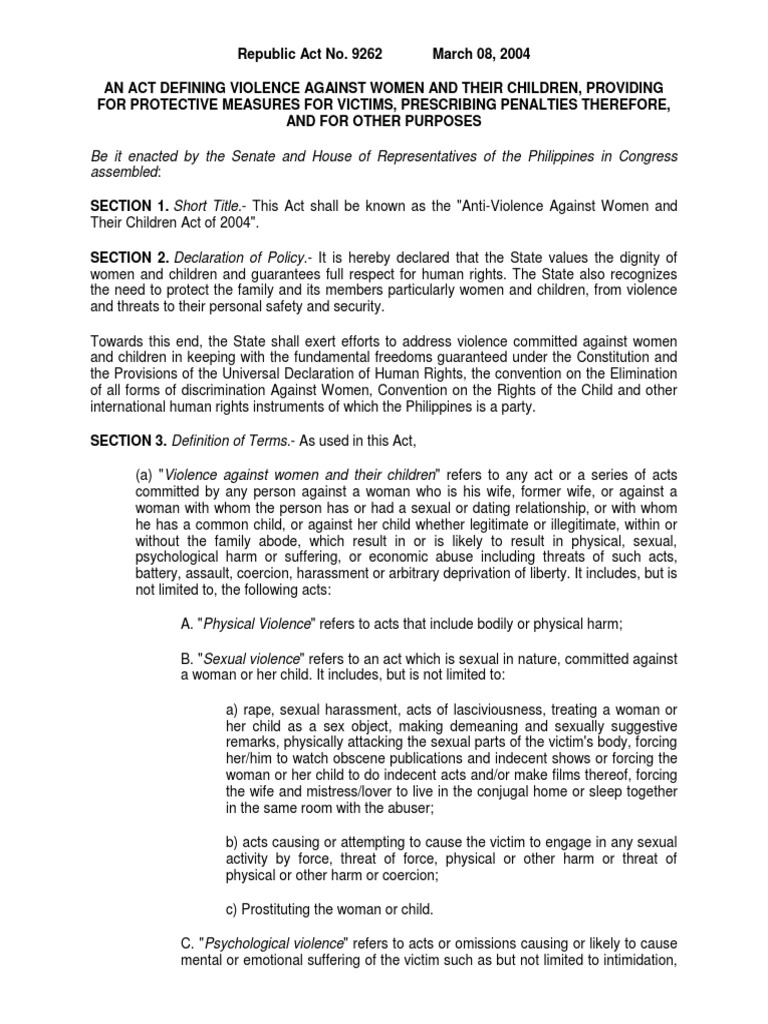 Violence Against Women and Children - RA 9262 | PDF | Victimology ...