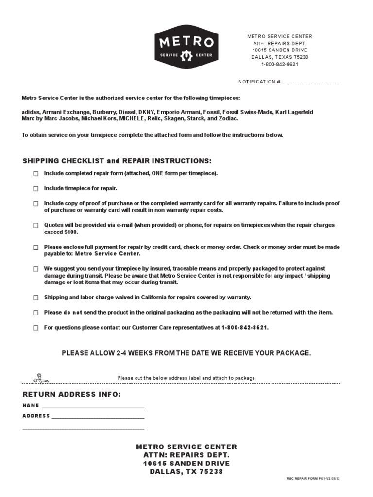 Fossil Watch Repair Form Service Industries Payments