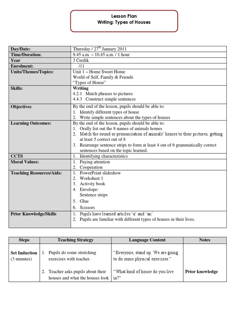 English Year3 Writing Types of Houses Lesson PLan PDF Lesson Plan