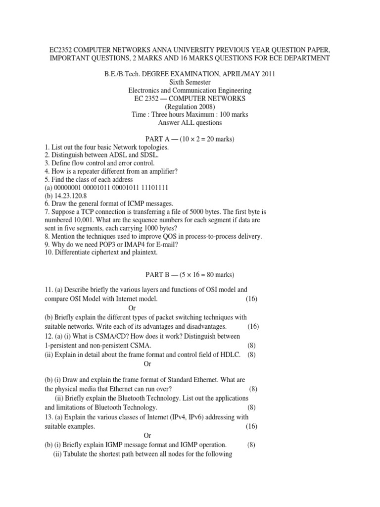 Anna University Computer Networks Exam Paper | PDF | Internet Protocol ...
