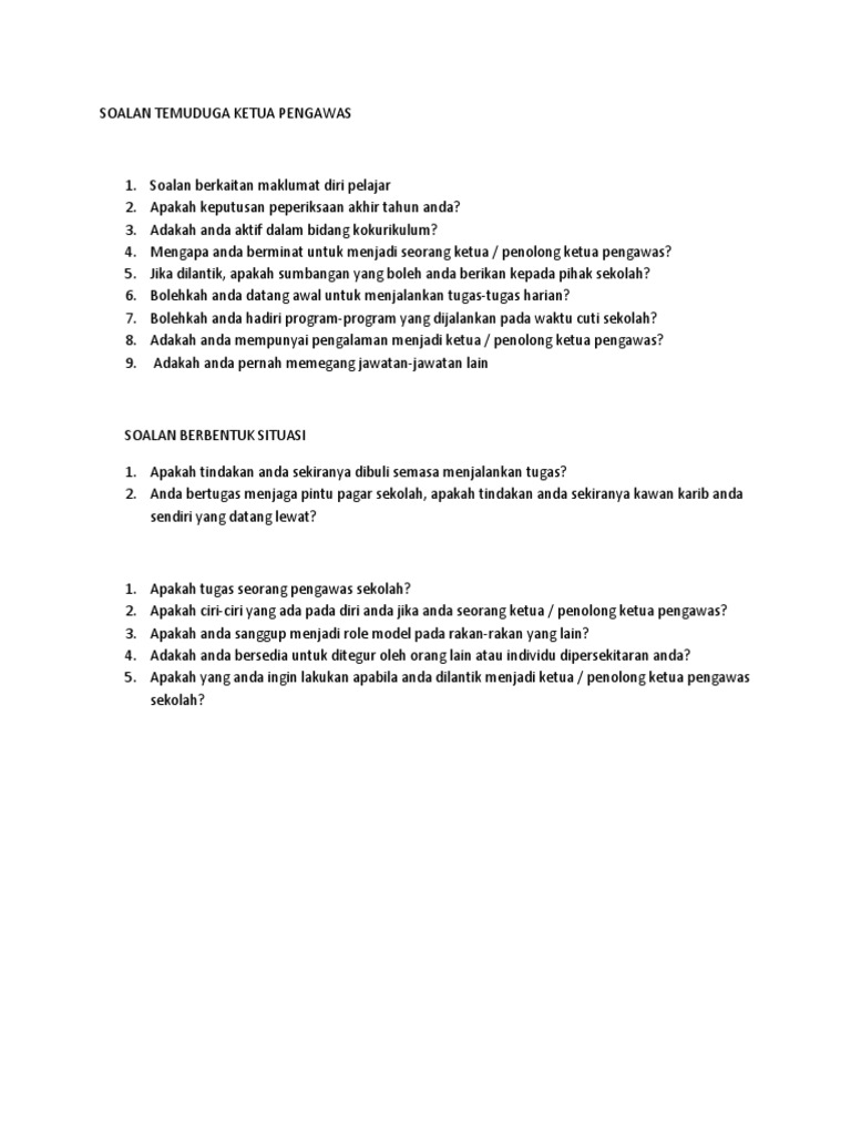 Soalan Temuduga Ketua Pengawas Pdf