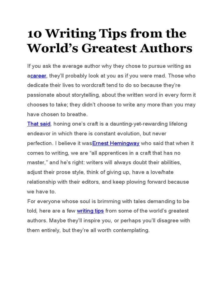 10 Writing Tips From The World's Greatest Authors: Career | PDF | Home ...
