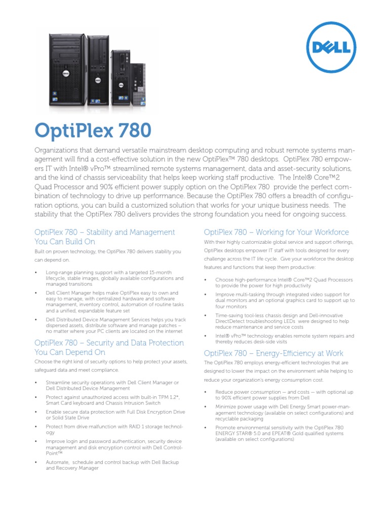 Optiplex 780 Tech Spec Sheet | Dell | Desktop Computer