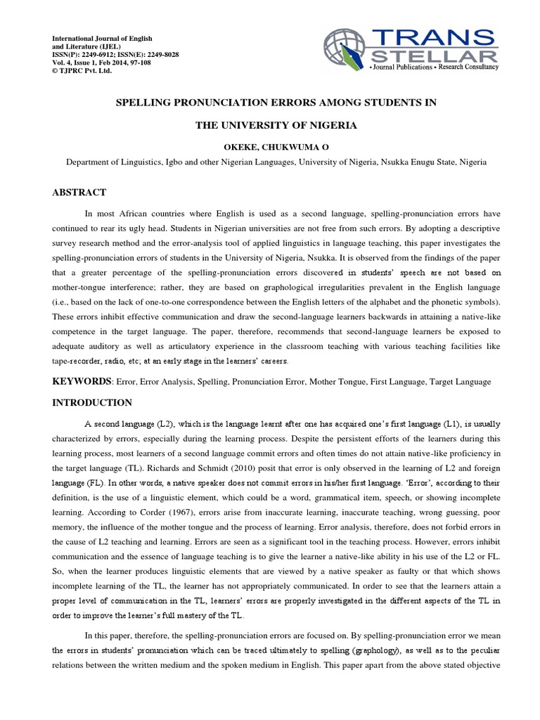 Spelling Pronunciation Errors Among Students in The University of ...