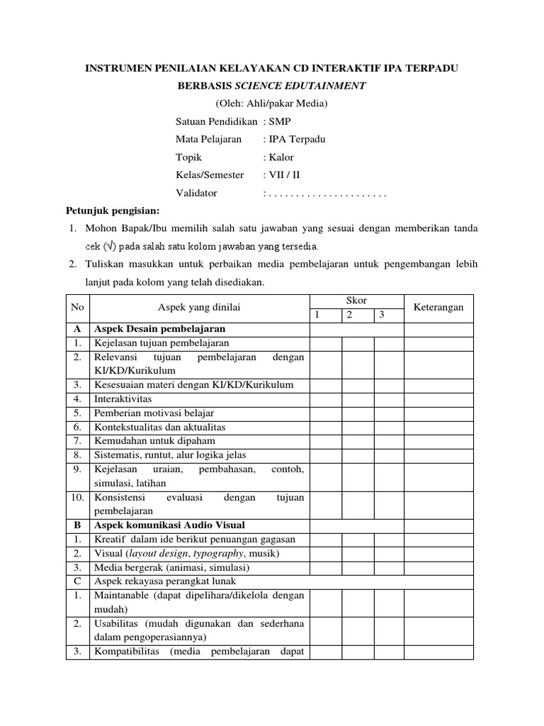 ANGKET PENILAIAN MEDIA PEMBELAJARAN