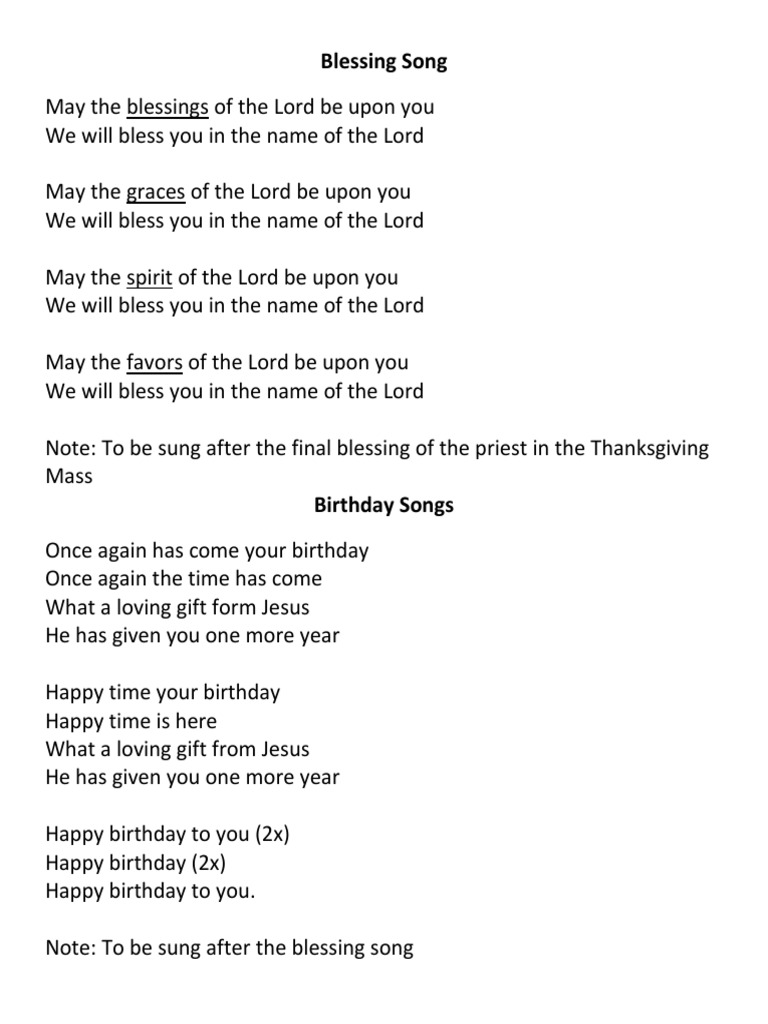 Blessing Song And Birthday Songs Catholic Liturgy Worship