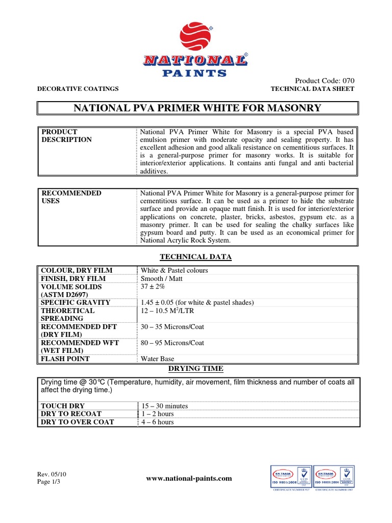 070 PVA Primer White for Masonry Paint Water