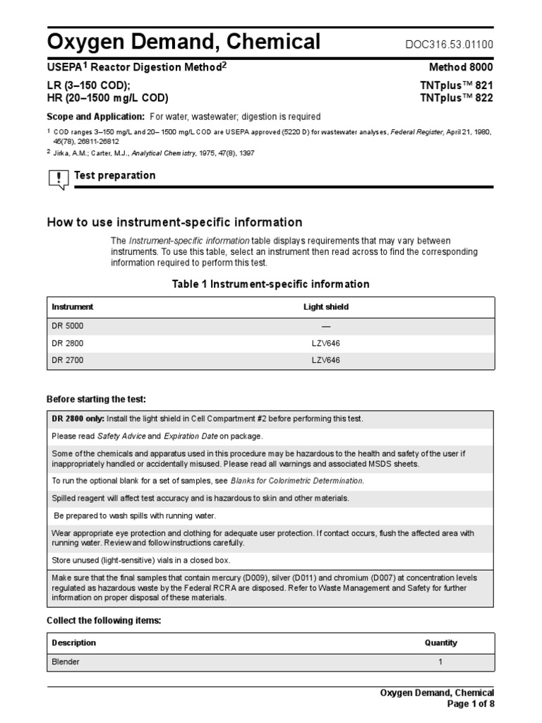 Cod Procedure For HACH DR 2800 | PDF | Chemical Substances | Chemistry