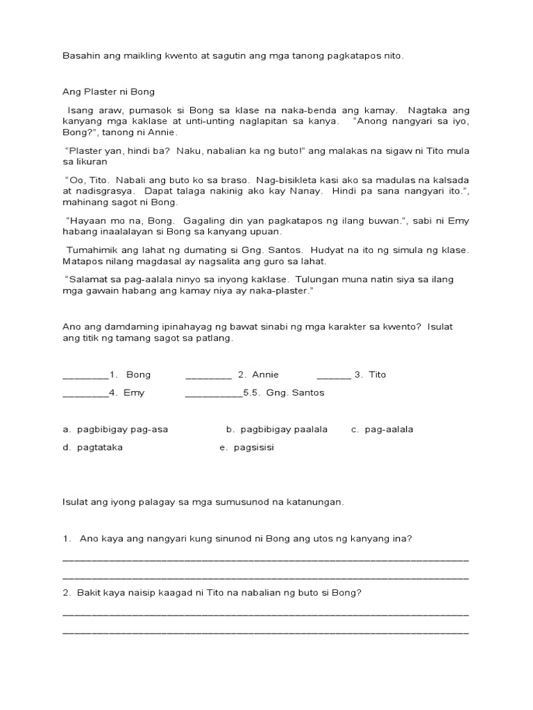 basahin ang maikling kwento at sagutin ang mga tanong pagkatapos nito pdf