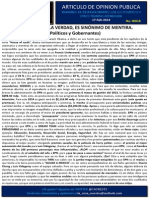 Articulo de Opinion Publica: El País Donde La Verdad, Es Sinónimo de Mentira. (Políticos y Gobernantes)