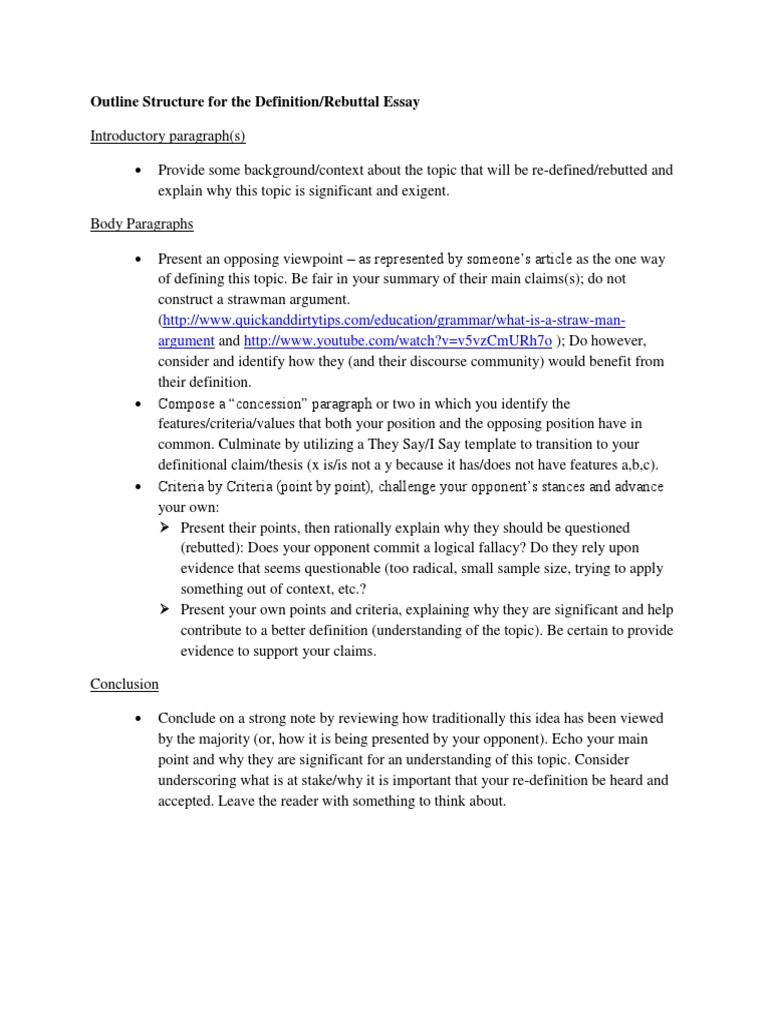 Outline Structure For The Definition/Rebuttal Essay: Argument | PDF