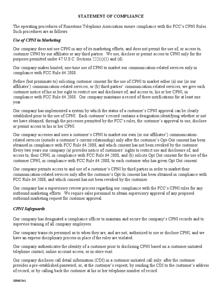 CPNI Compliance Procedures Overview | PDF | Federal Communications ...