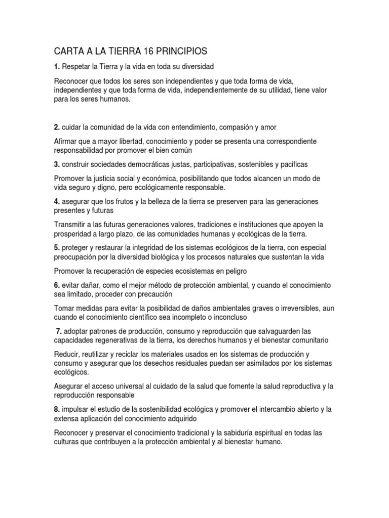 Carta A La Tierra 16 Principios Desarrollo sostenible Igualdad de género