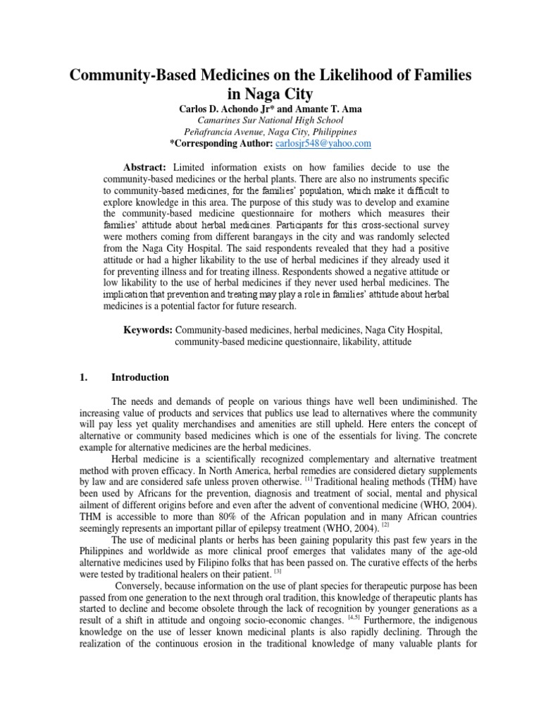Herbal Medicines the Good Survey Methodology Questionnaire