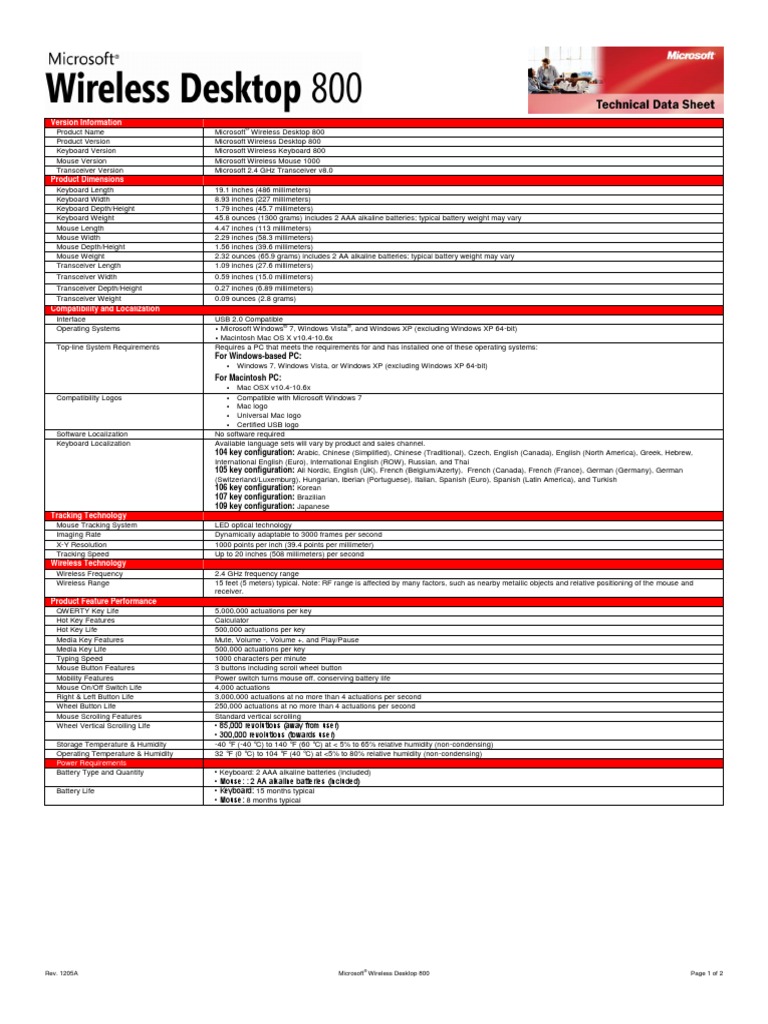 Technical Data Sheet - Wireless Desktop 800 | PDF | Computer Keyboard ...