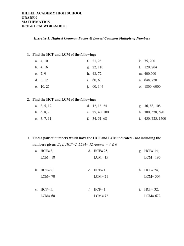 Exercise 1: Highest Common Factor & Lowest Common Multiple of Numbers | PDF