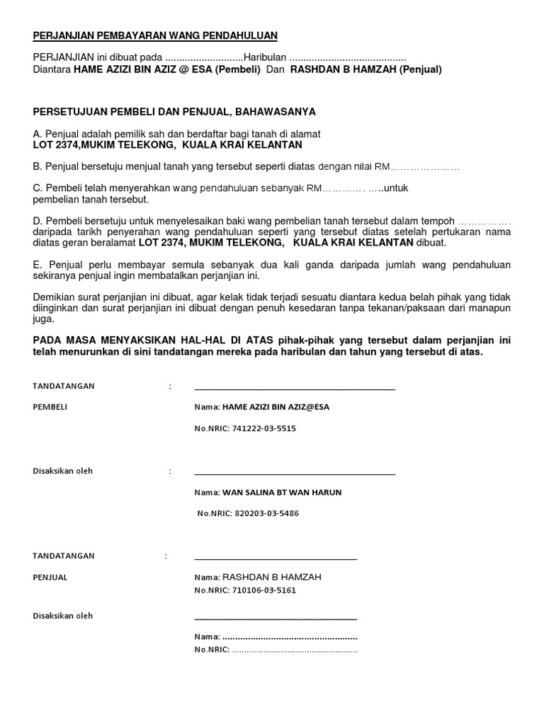 Surat Perjanjian Pembayaran Wang Pendahuluan Pdf
