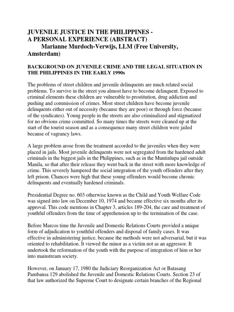 Juvenile Justice in the Philippines Prison Juvenile Delinquency