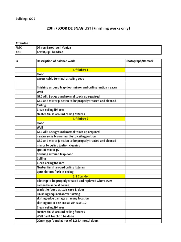 23rd Floor De-Snagging Report | PDF | Ceiling | Tile