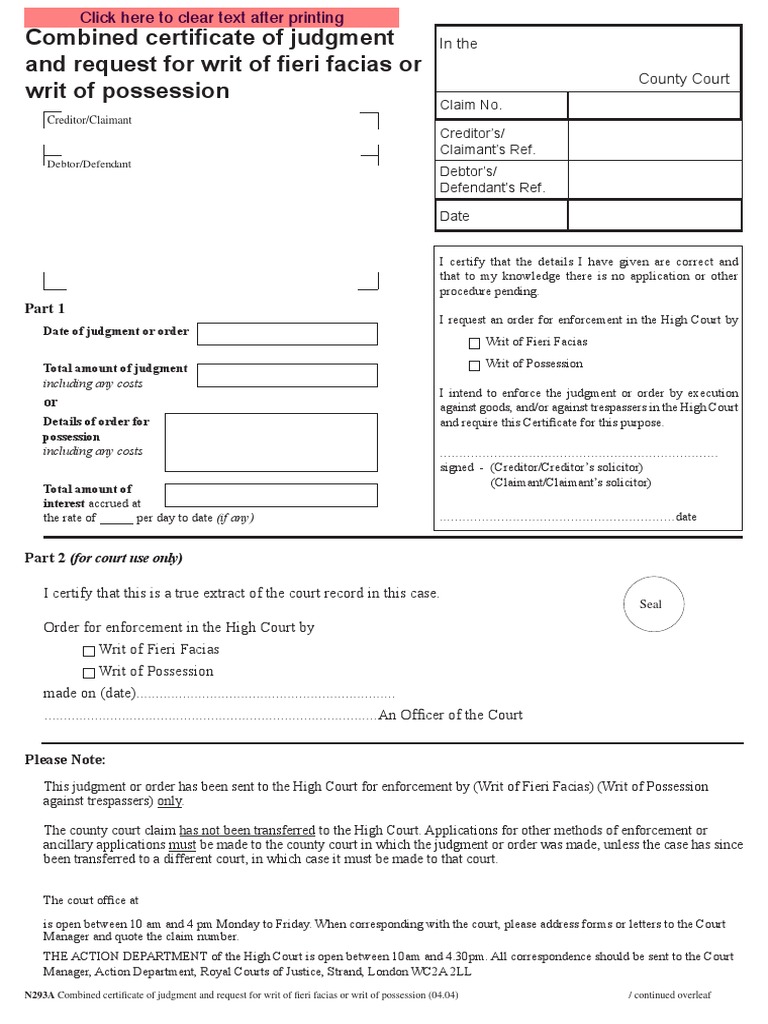 Writ for Possession n293a County Court Judgment (Law)