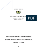 Annual Report by Vihiga Governor H. E. Rev Moses Akaranga To The County Assembly On February 17TH 2014