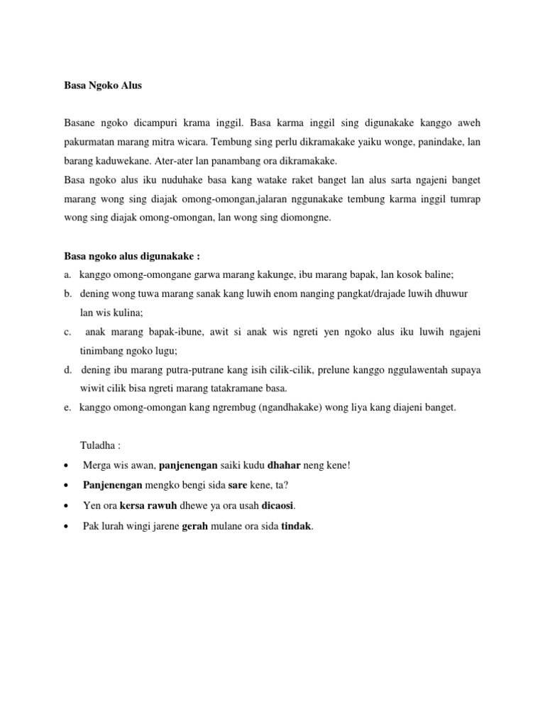 Contoh Soal Pendidikan Contoh Basa Ngoko Alus