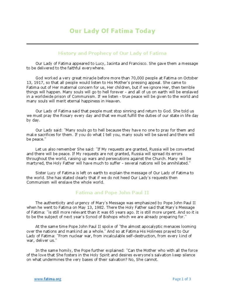 Our Lady Of Fatima Today History And Prophecy Of Our Lady Of Fatima