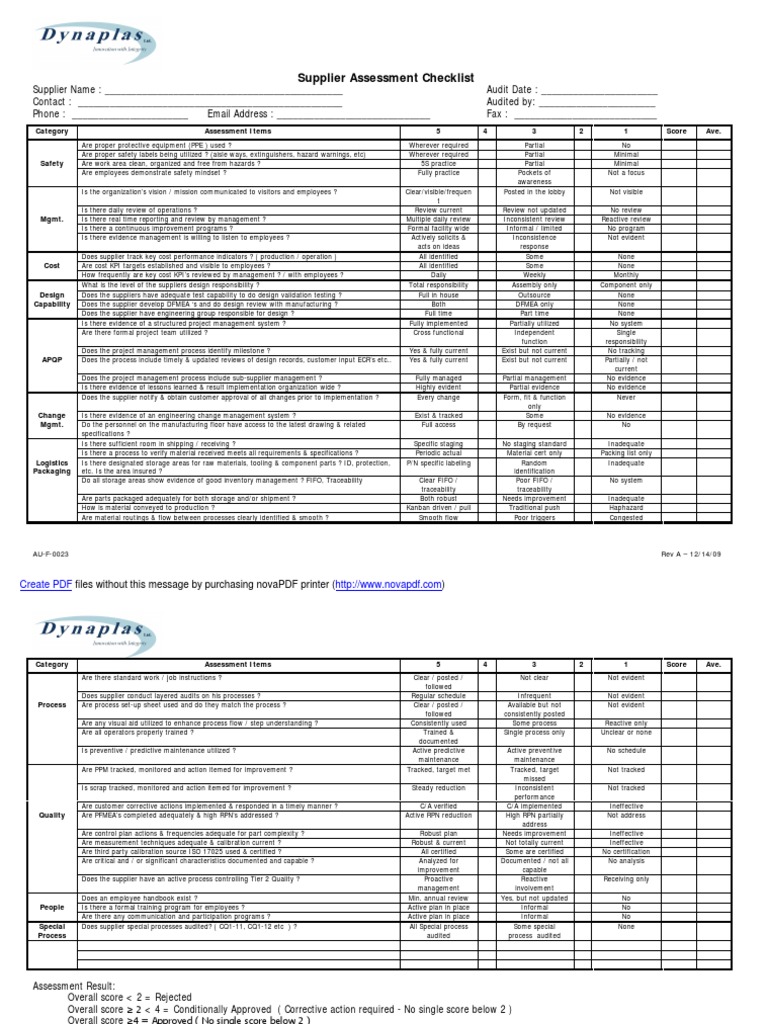 Supplier Assessment Checklist Audit Packaging And Labeling