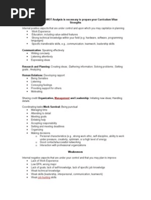 Personal SWOT for Curriculum Vitae