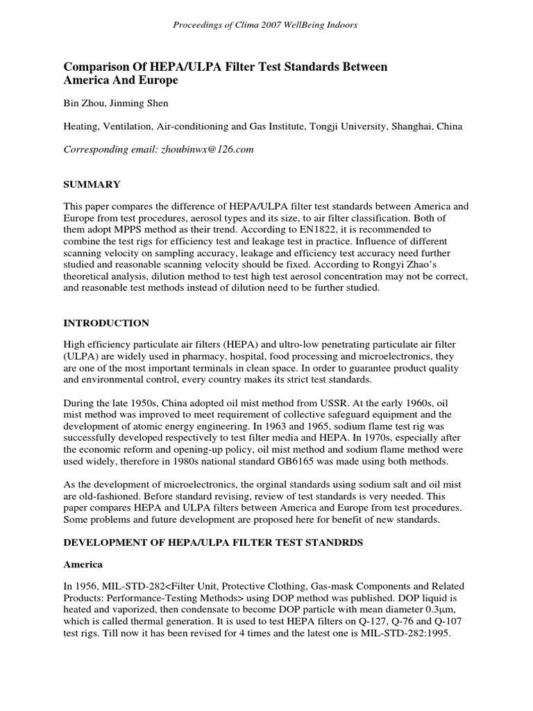 Comparison of HEPA/ULPA Filter Test Standards PDF Aerosol Filtration