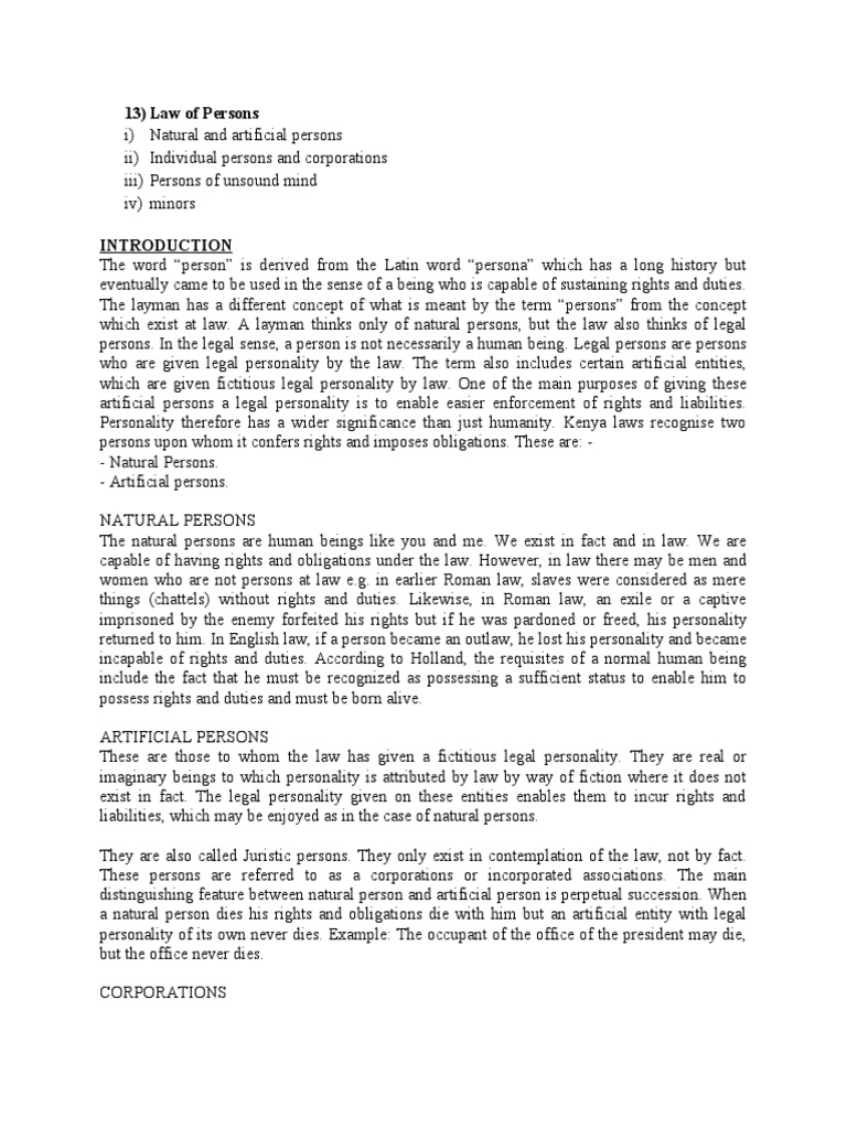 Kenya Law of Persons PDF Legal Personality Legal Guardian
